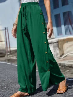 Women's Slacks Pants Trousers Casual Full Length Natural Plain Buckle Elastic Drawstring Design Outdoor Comfortable Holiday Daily Wear Weekend carmine Magenta Depression Green Grey Summer Regular Fit