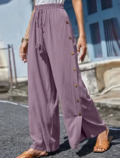 Women's Slacks Pants Trousers Casual Full Length Natural Plain Buckle Elastic Drawstring Design Outdoor Comfortable Holiday Daily Wear Weekend carmine Magenta Depression Green Grey Summer Regular Fit