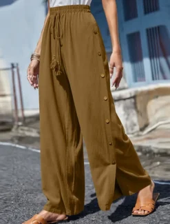 Women's Slacks Pants Trousers Casual Full Length Natural Plain Buckle Elastic Drawstring Design Outdoor Comfortable Holiday Daily Wear Weekend carmine Magenta Depression Green Grey Summer Regular Fit