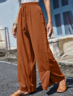 Women's Slacks Pants Trousers Casual Full Length Natural Plain Buckle Elastic Drawstring Design Outdoor Comfortable Holiday Daily Wear Weekend carmine Magenta Depression Green Grey Summer Regular Fit