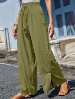 Women's Slacks Pants Trousers Casual Full Length Natural Plain Buckle Elastic Drawstring Design Outdoor Comfortable Holiday Daily Wear Weekend carmine Magenta Depression Green Grey Summer Regular Fit