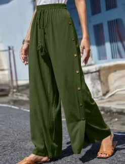 Women's Slacks Pants Trousers Casual Full Length Natural Plain Buckle Elastic Drawstring Design Outdoor Comfortable Holiday Daily Wear Weekend carmine Magenta Depression Green Grey Summer Regular Fit