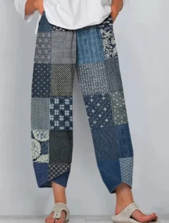 Women's Slacks Vacation Vintage Ethnic Style Ankle-Length High Waist Floral Graphic Geometic Elastic Waistband Comfy Breathability Soft Inelastic Formal Outdoor Vacation Navy Blue Blue Summer Spring