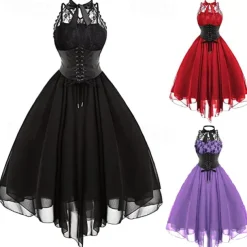 Women's Sleeveless Gothic Dress with Corset Halter Lace Swing Cocktail Dress Tulle Dress Formal Casual Halloween Punk Hippie Dresses