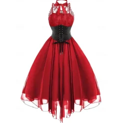 Women's Sleeveless Gothic Dress with Corset Halter Lace Swing Cocktail Dress Tulle Dress Formal Casual Halloween Punk Hippie Dresses