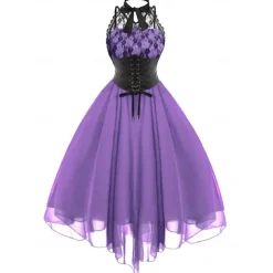 Women's Sleeveless Gothic Dress with Corset Halter Lace Swing Cocktail Dress Tulle Dress Formal Casual Halloween Punk Hippie Dresses
