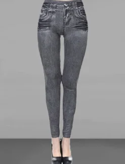 Women's Slim Pants Trousers Pocket High Cut High Waist Full Length Black Summer