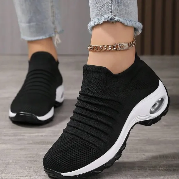 Women's Slip-On Air Cushion Walking Shoes - Breathable Knitted Athletic Sneakers for Comfort and Support, Ideal for Daily Use and Fitness Activities