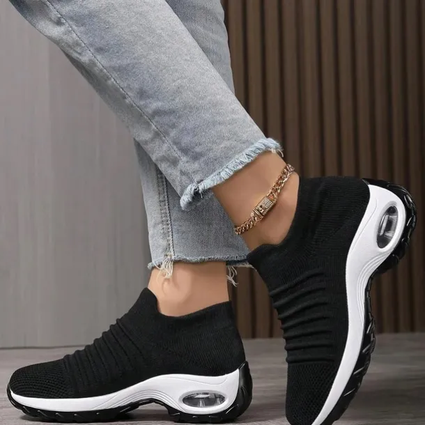 Women's Slip-On Air Cushion Walking Shoes - Breathable Knitted Athletic Sneakers for Comfort and Support, Ideal for Daily Use and Fitness Activities