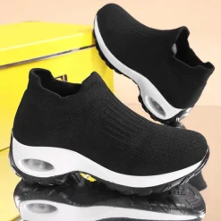 Women's Slip-On Air Cushion Walking Shoes - Breathable Knitted Athletic Sneakers for Comfort and Support, Ideal for Daily Use and Fitness Activities