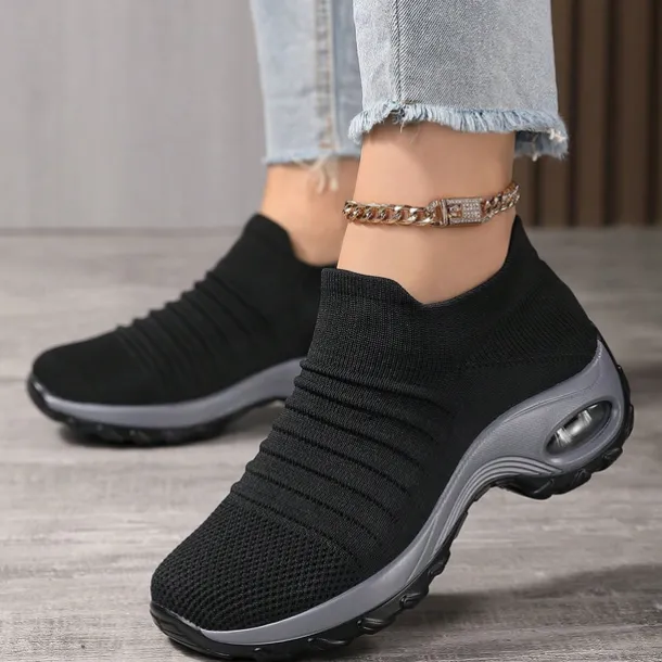 Women's Slip-On Air Cushion Walking Shoes - Breathable Knitted Athletic Sneakers for Comfort and Support, Ideal for Daily Use and Fitness Activities