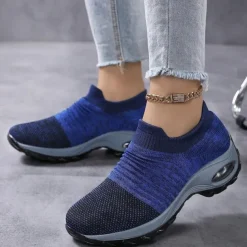 Women's Slip-On Air Cushion Walking Shoes - Breathable Knitted Athletic Sneakers for Comfort and Support, Ideal for Daily Use and Fitness Activities