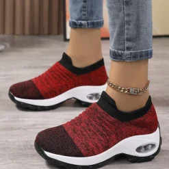 Women's Slip-On Air Cushion Walking Shoes - Breathable Knitted Athletic Sneakers for Comfort and Support, Ideal for Daily Use and Fitness Activities