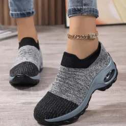 Women's Slip-On Air Cushion Walking Shoes - Breathable Knitted Athletic Sneakers for Comfort and Support, Ideal for Daily Use and Fitness Activities