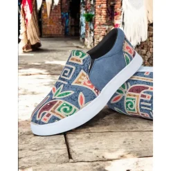 Women's Slip-On Tribal Print Canvas Sneakers – Comfortable Street Style Casual Shoes for Walking, Shopping & Festivals