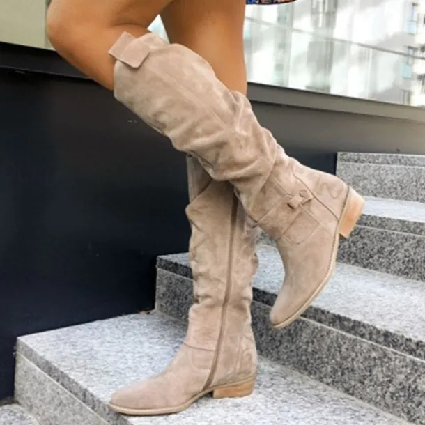 Women's Slouchy Suede Knee-High Boots with Buckle - Casual Flat Heel for Everyday & Fall Fashion