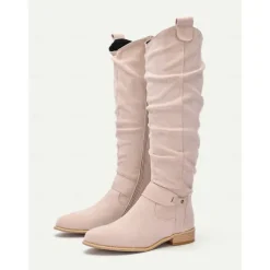 Women's Slouchy Suede Knee-High Boots with Buckle - Casual Flat Heel for Everyday & Fall Fashion