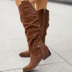 Women's Slouchy Suede Knee-High Boots with Buckle - Casual Flat Heel for Everyday & Fall Fashion