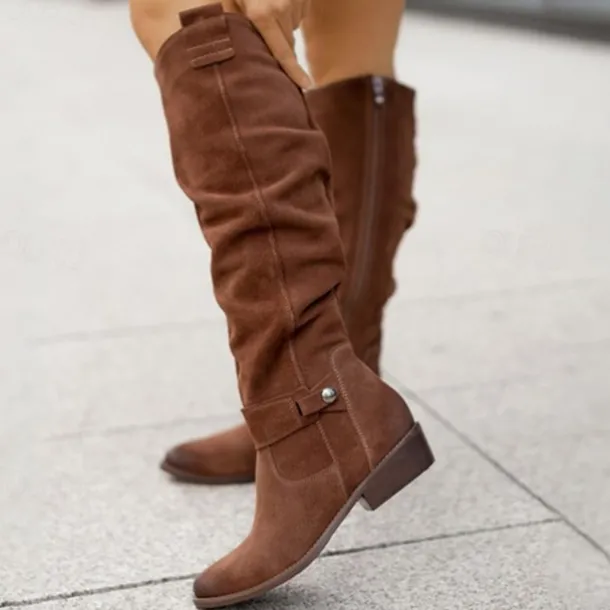 Women's Slouchy Suede Knee-High Boots with Buckle - Casual Flat Heel for Everyday & Fall Fashion