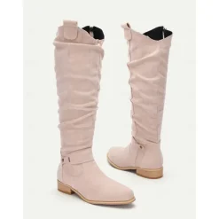 Women's Slouchy Suede Knee-High Boots with Buckle - Casual Flat Heel for Everyday & Fall Fashion