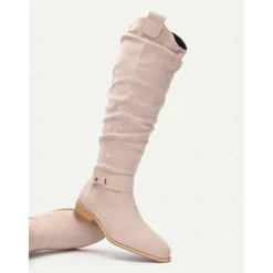 Women's Slouchy Suede Knee-High Boots with Buckle - Casual Flat Heel for Everyday & Fall Fashion