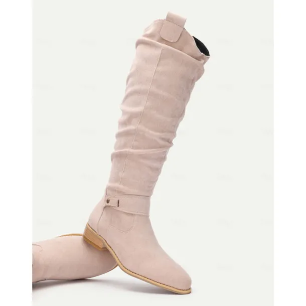 Women's Slouchy Suede Knee-High Boots with Buckle - Casual Flat Heel for Everyday & Fall Fashion