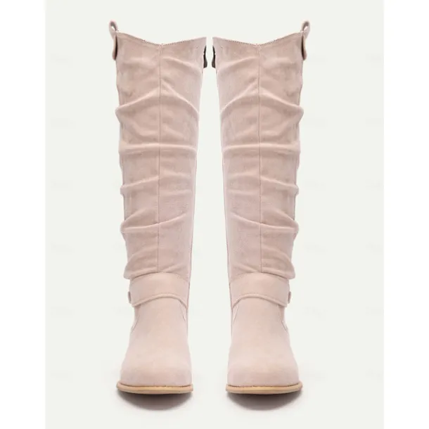 Women's Slouchy Suede Knee-High Boots with Buckle - Casual Flat Heel for Everyday & Fall Fashion