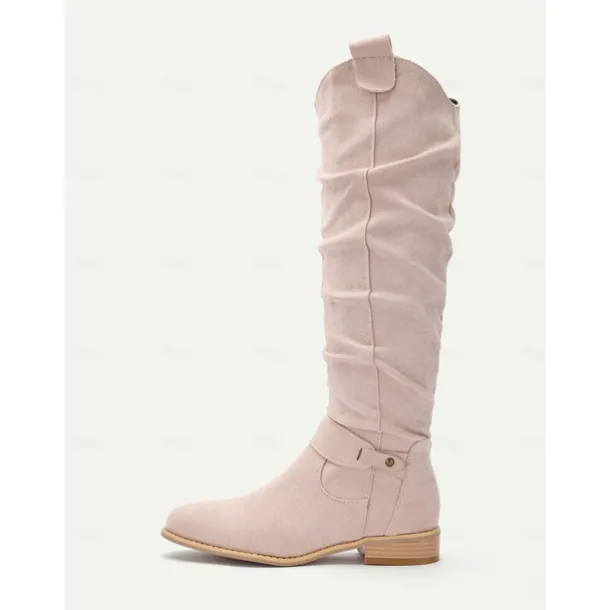 Women's Slouchy Suede Knee-High Boots with Buckle - Casual Flat Heel for Everyday & Fall Fashion