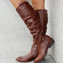 Women's Slouchy Suede Knee-High Boots with Buckle - Casual Flat Heel for Everyday & Fall Fashion