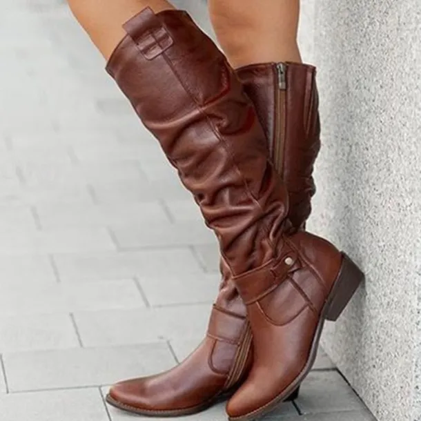 Women's Slouchy Suede Knee-High Boots with Buckle - Casual Flat Heel for Everyday & Fall Fashion