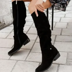 Women's Slouchy Suede Knee-High Boots with Buckle - Casual Flat Heel for Everyday & Fall Fashion
