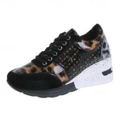 Women's Sneakers Plus Size Height Increasing Shoes Platform Sneakers Outdoor Daily Color Block Summer Platform Wedge Heel Round Toe Fashion Sporty Casual Walking Faux Leather Lace-up Leopard Black