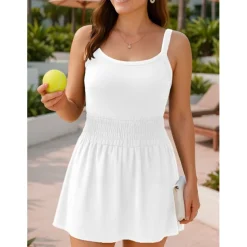 Women's Solid Colored Tennis Skirts with Shorts Sports Dress Sleeveless Ruched Hole Moisture Wicking Breathable Tennis Golf Pickleball Open Back Black White Royal Blue Tennis Clothing
