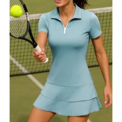 Women's Solid Colored Tennis Skirts with Shorts Sports Dress Short Sleeves Zipper Moisture Wicking Breathable Tennis Golf Pickleball Turndown Open Back Royal Blue Blue Sky Blue Tennis Clothing