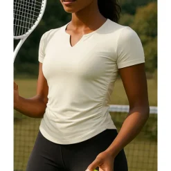 Women's Solid Colored Tennis Top Short Sleeves Ruched Sweat-Wicking Moisture Wicking Breathable Tennis Golf Pickleball V Neck Black White Blue Tennis Clothing