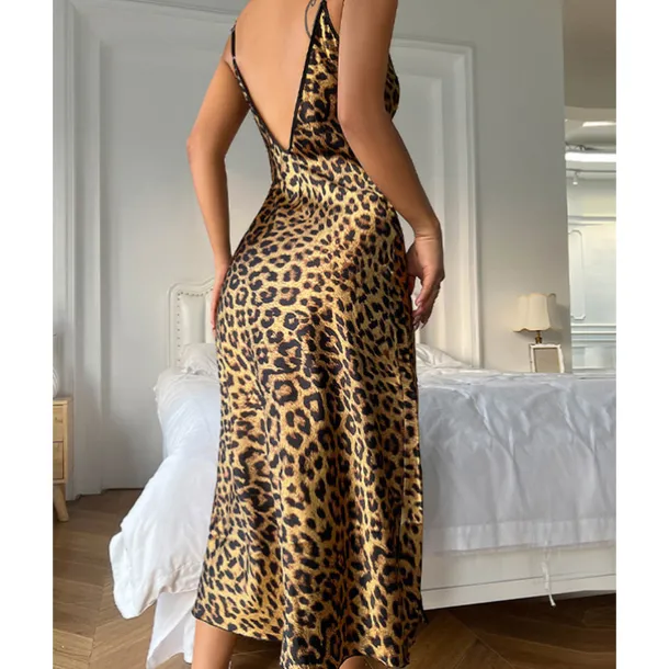 Women's Spaghetti Strap Dress Sleeveless Scoop Neck High Split Print Backless Slim Fit Long Dresses Nightgowns Home Outfits