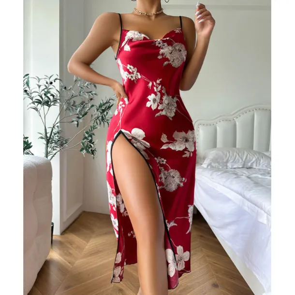 Women's Spaghetti Strap Dress Sleeveless Scoop Neck High Split Print Backless Slim Fit Long Dresses Nightgowns Home Outfits