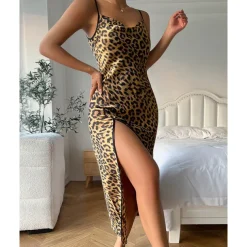 Women's Spaghetti Strap Dress Sleeveless Scoop Neck High Split Print Backless Slim Fit Long Dresses Nightgowns Home Outfits