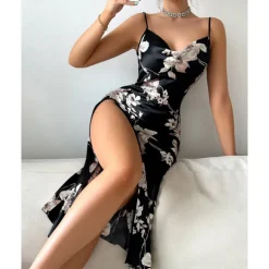 Women's Spaghetti Strap Dress Sleeveless Scoop Neck High Split Print Backless Slim Fit Long Dresses Nightgowns Home Outfits