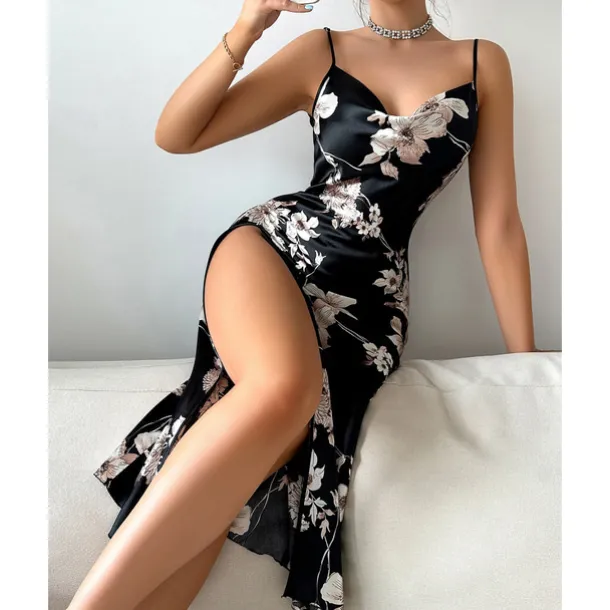 Women's Spaghetti Strap Dress Sleeveless Scoop Neck High Split Print Backless Slim Fit Long Dresses Nightgowns Home Outfits