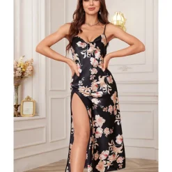 Women's Spaghetti Strap Dress Sleeveless Scoop Neck High Split Print Backless Slim Fit Long Dresses Nightgowns Home Outfits