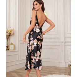 Women's Spaghetti Strap Dress Sleeveless Scoop Neck High Split Print Backless Slim Fit Long Dresses Nightgowns Home Outfits