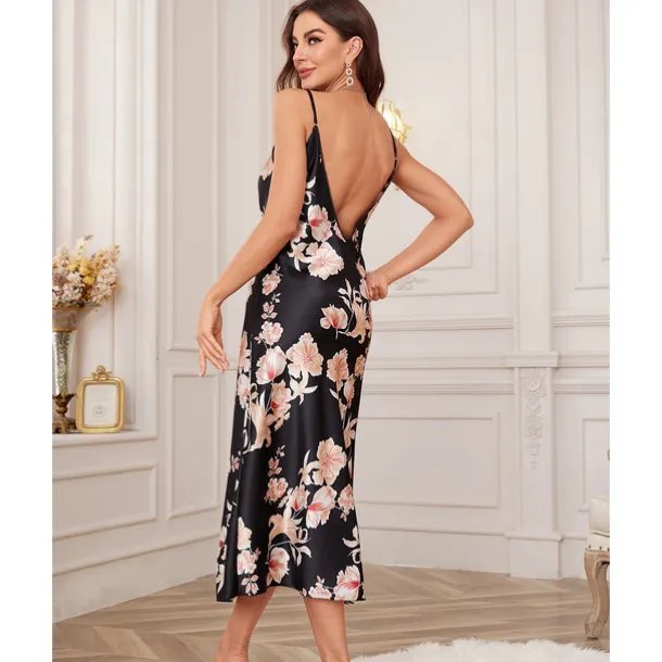 Women's Spaghetti Strap Dress Sleeveless Scoop Neck High Split Print Backless Slim Fit Long Dresses Nightgowns Home Outfits