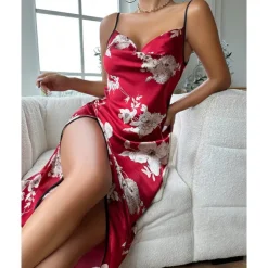 Women's Spaghetti Strap Dress Sleeveless Scoop Neck High Split Print Backless Slim Fit Long Dresses Nightgowns Home Outfits