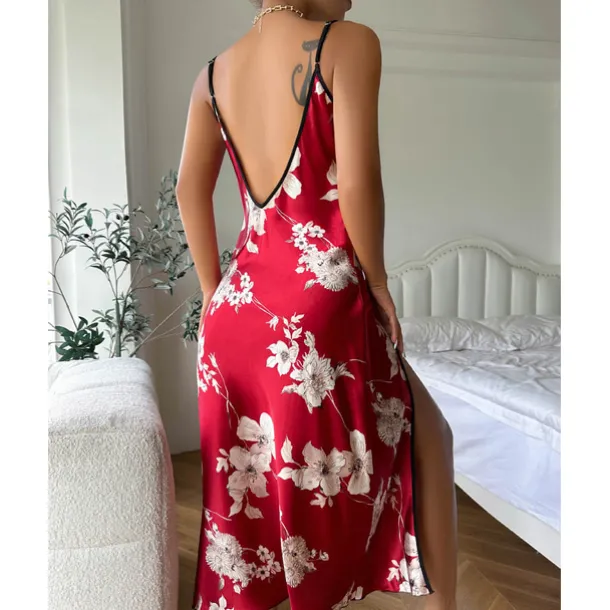 Women's Spaghetti Strap Dress Sleeveless Scoop Neck High Split Print Backless Slim Fit Long Dresses Nightgowns Home Outfits