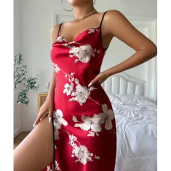 Women's Spaghetti Strap Dress Sleeveless Scoop Neck High Split Print Backless Slim Fit Long Dresses Nightgowns Home Outfits