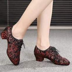 Women's Sparkling Ballroom Dance Shoes with Lace-Up Design and Soft Suede Sole – Comfortable Low Heel Latin Salsa Shoes for Dance Competitions and Parties