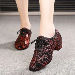 Women's Sparkling Ballroom Dance Shoes with Lace-Up Design and Soft Suede Sole – Comfortable Low Heel Latin Salsa Shoes for Dance Competitions and Parties