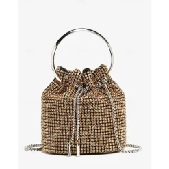 Women's Sparkling Silver Rhinestone Bucket Bag with Metal Ring Handle | Glamorous Accessory for Evening Parties and Special Occasions