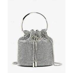 Women's Sparkling Silver Rhinestone Bucket Bag with Metal Ring Handle | Glamorous Accessory for Evening Parties and Special Occasions